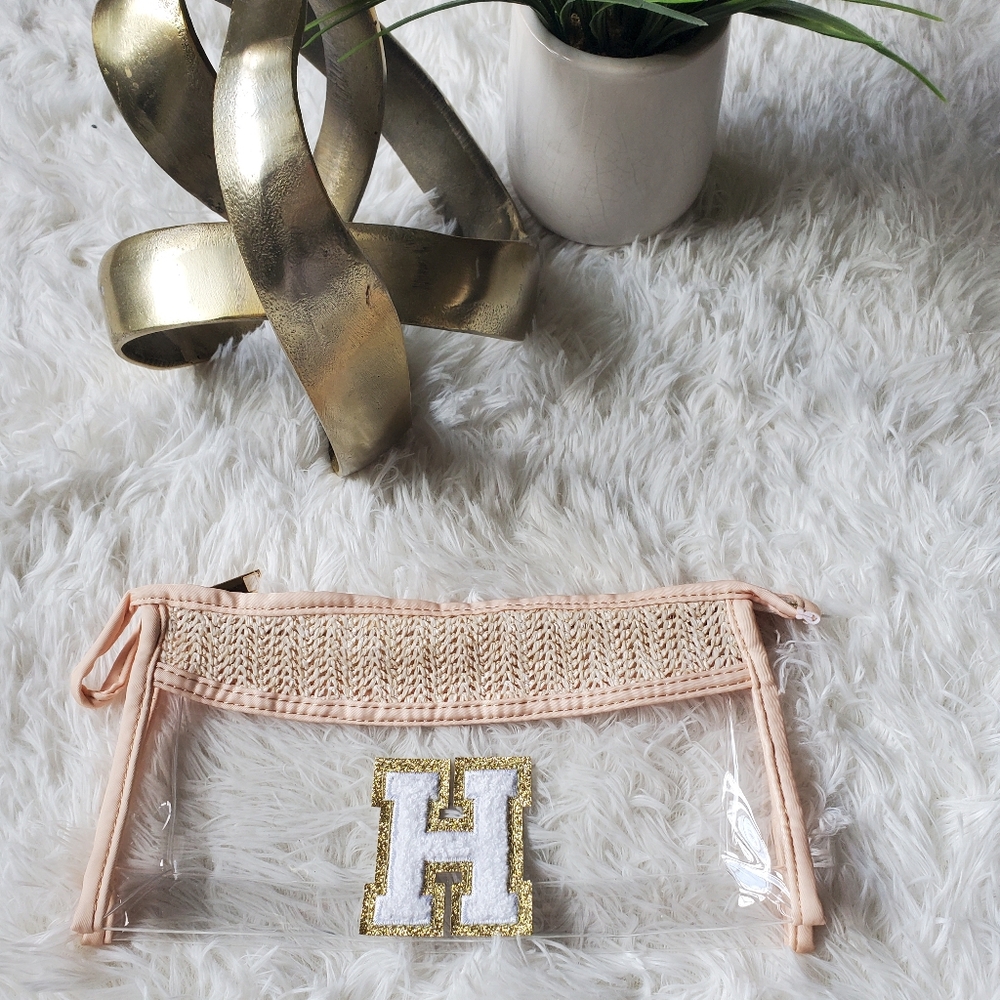2/$15 - Letter "H" Clear Clutch Makeup Cosmetic Bag Gold White Peach
